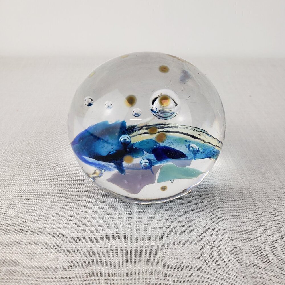 Spherical Art Glass Paperweight Controlled Bubbles Blue Pink Abstract Signed